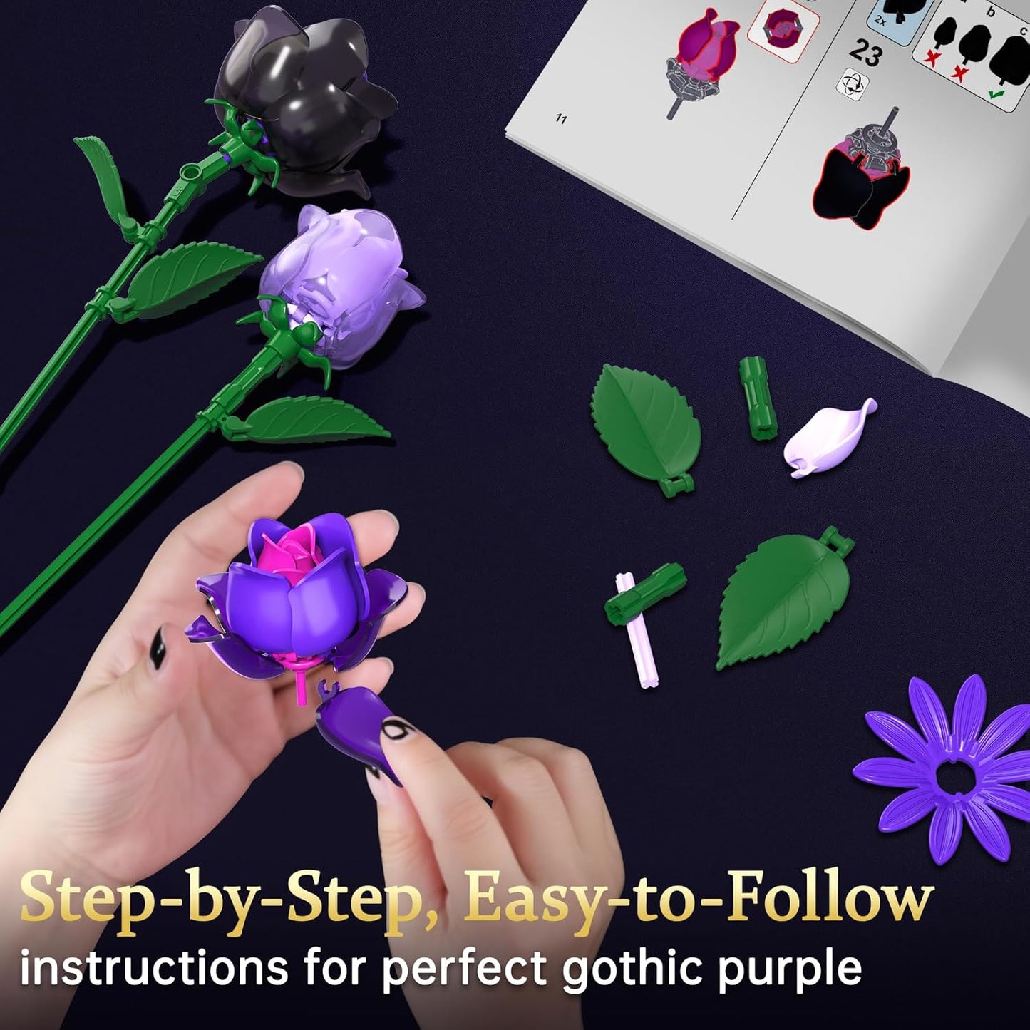 Gothic Rosenstrauß Bausatz - 446x Klemmbausteine - Botanik Deko Valentinstag Geburtstag