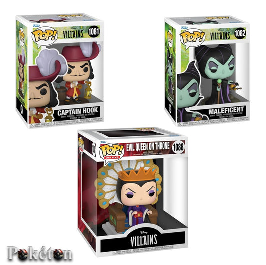 FUNKO POP Villians #1088 Evil Queen on Throne & #1081 Captain Hook & #1082 Maleficent