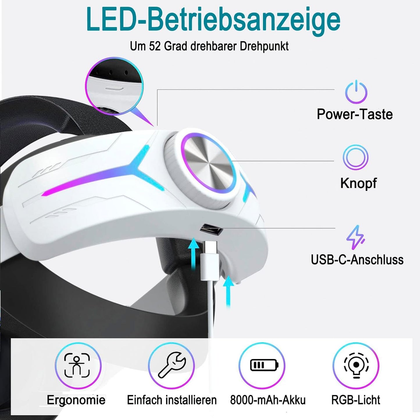 OKESYO Meta Quest 3 Elite Strap Headstrap RGB Gaming Charging Headstrap (7 teilig)