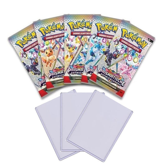 Pokemon TCG / 5 x prismatische Entwicklungen Booster Packs DE + 3 Toploader / NEU