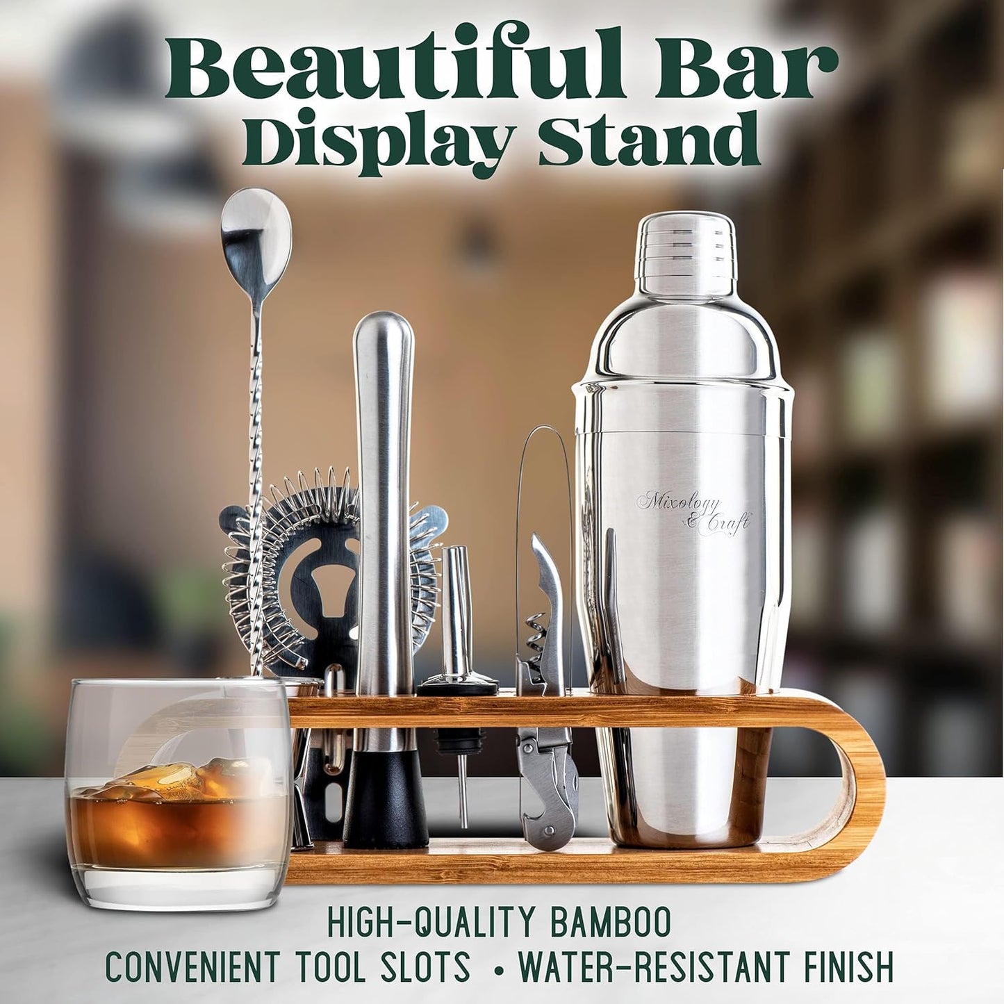 Mixology & Craft Cocktail Shaker Set - Edelstahl & Holzständer (Bambus) - NEU in OVP