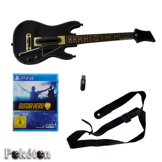 PS4 Playstation 4 - Guitar Hero Spiel + Guitarre + Empfänger (Dongle) + Gurt