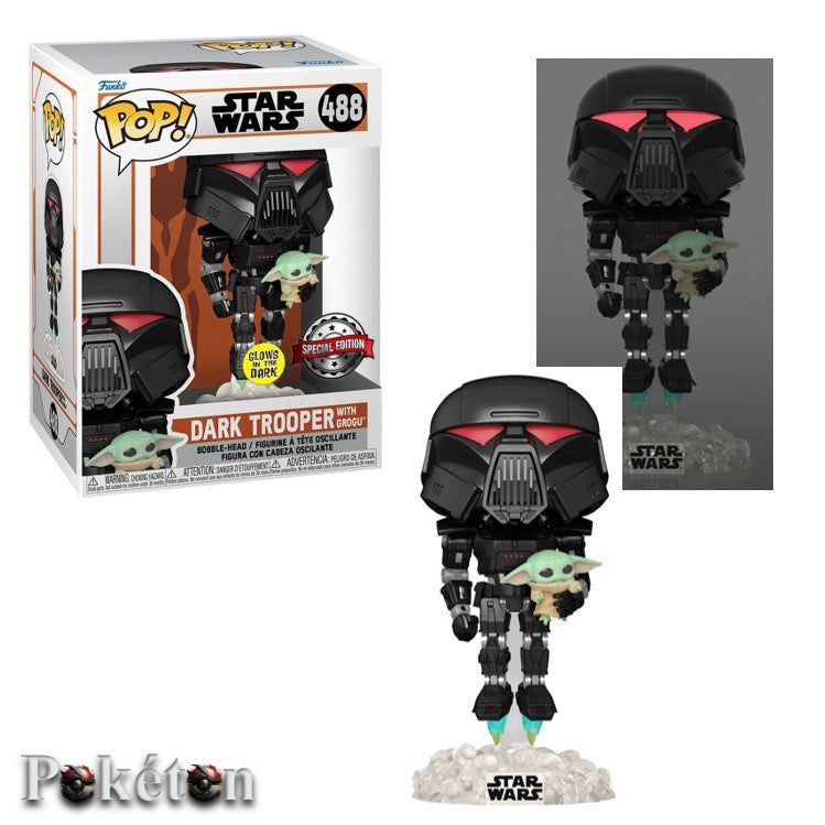 FUNKO POP Star Wars #488 Dark Trooper with Grogu (Glows in the Dark) - Vinyl Figur NEU
