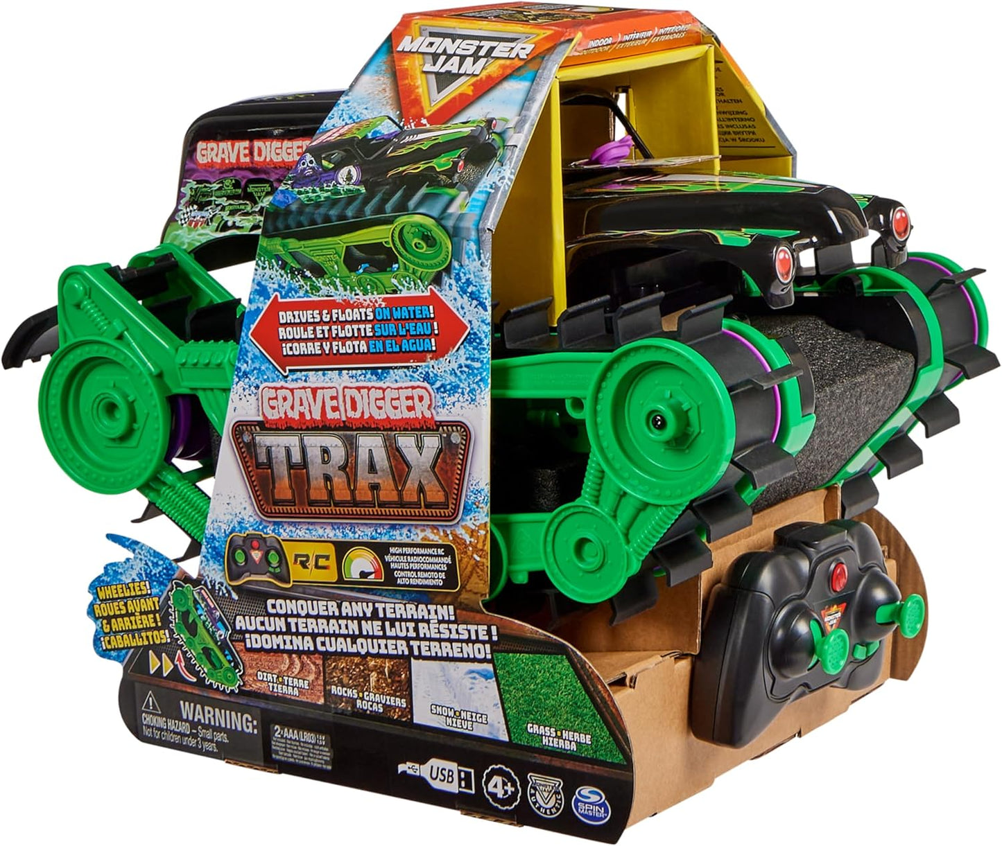 Monster Jam Grave Digger Trax RC Monster Truck für Land & Wasser Spielzeug Kinder