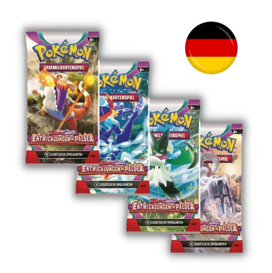 Pokemon KP02 Karmesin & Purpur Entwicklungen in Paldea Booster Packs DE - 4 Stück