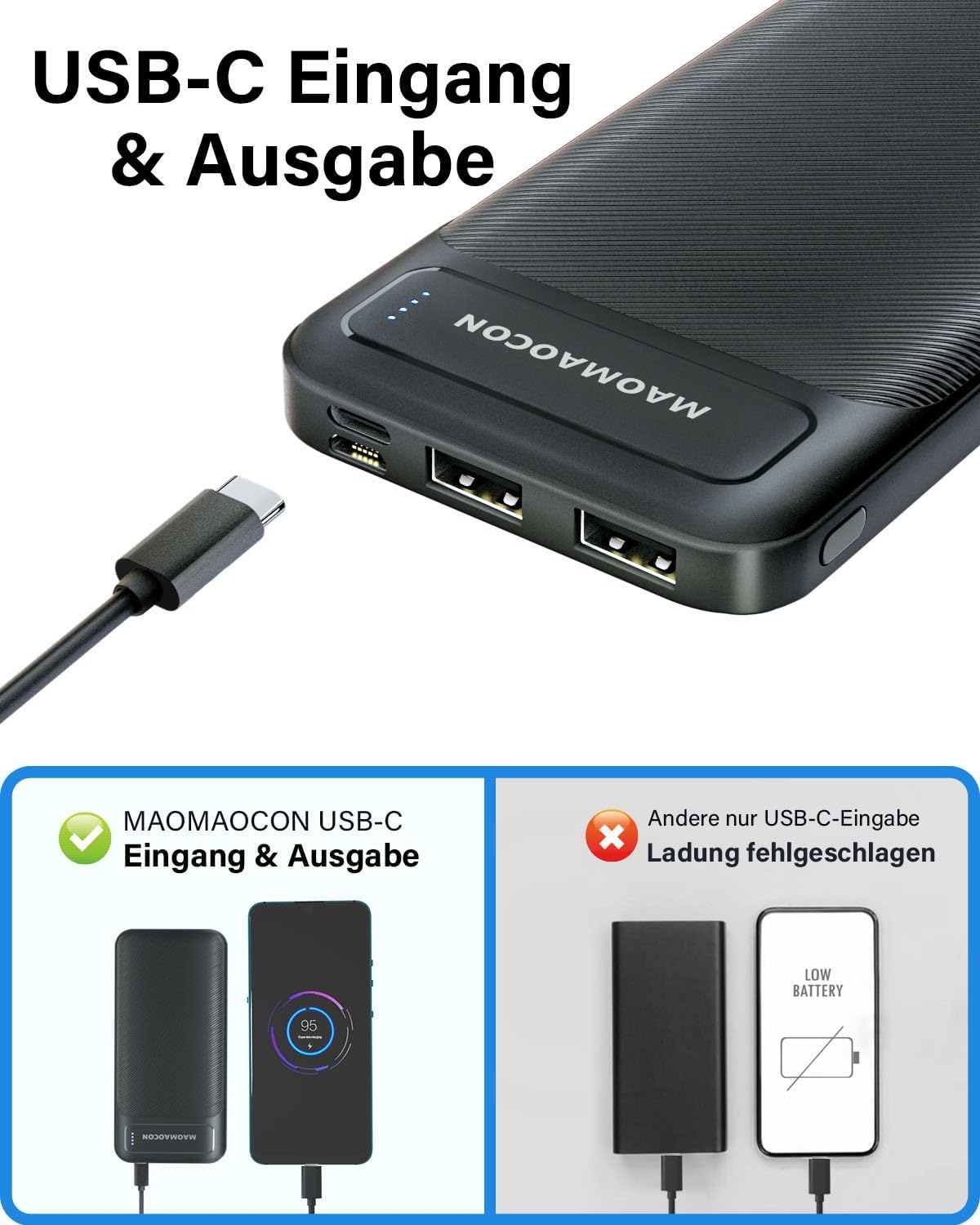 Powerbank (2 Stück), 10600mAh, USB C, 3 Ports Anschlüsse, z.B. für Smartphones