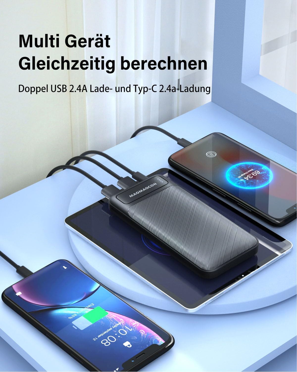 Powerbank (2 Stück), 10600mAh, USB C, 3 Ports Anschlüsse, z.B. für Smartphones