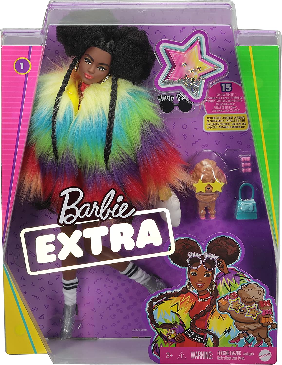 Barbie GVR04 Puppe, kuscheliger Regenbogen-Mantel mit Pudel, brünetten Afro-Puffs