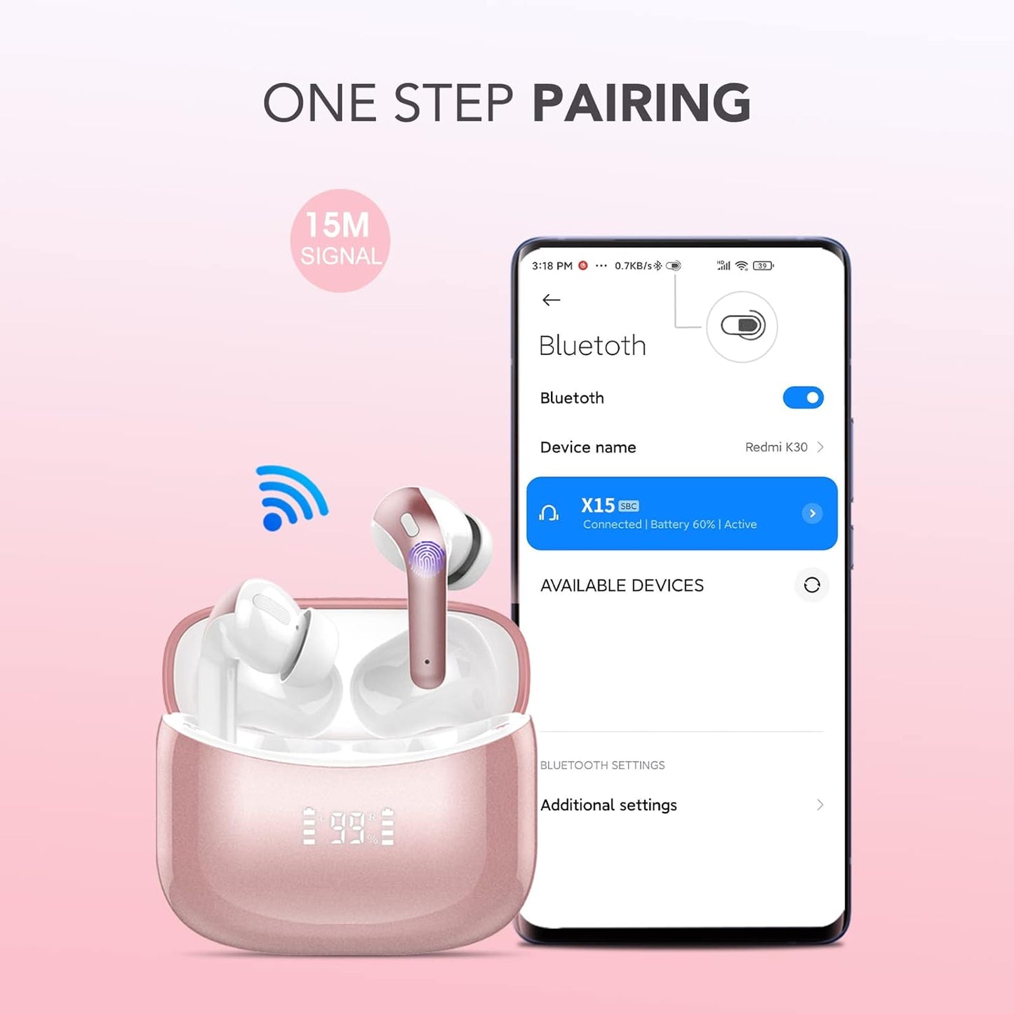 Ajblg Bluetooth Kopfhörer rosa In Ear Kabellos 35St Spielzeit IPX7 Wasserdicht LED Anzeige