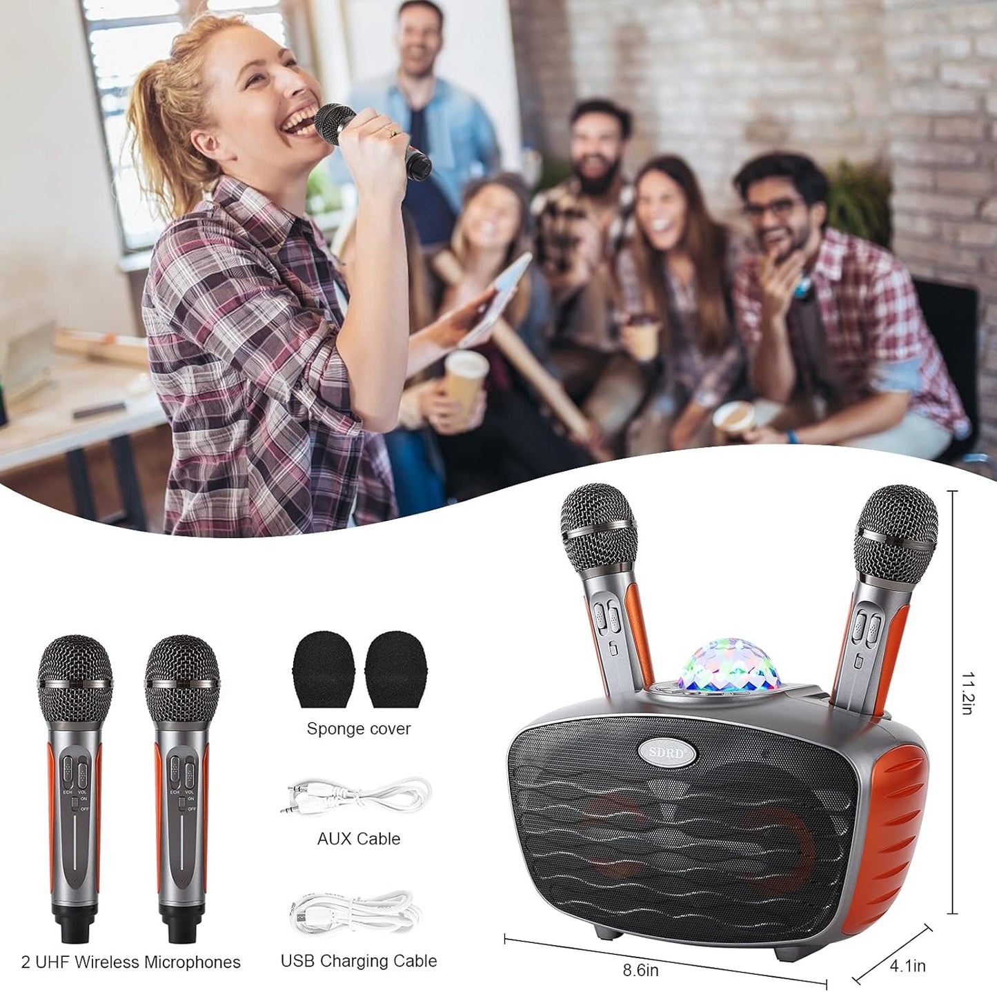 RUBEHOOW Karaoke Maschine mit 2 drahtlosen Mikrofonen und buntem Disco Lichteffekt