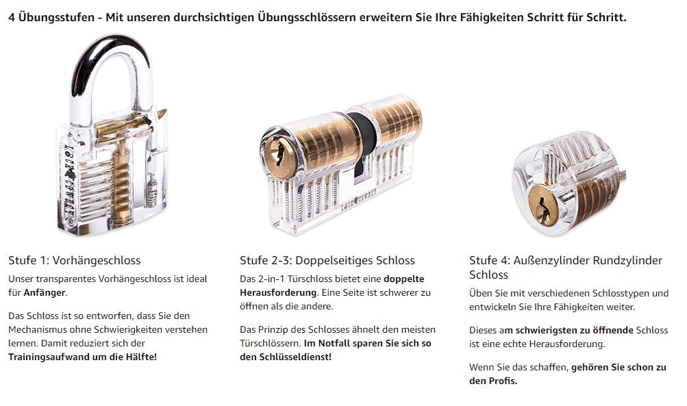 30-teiliges Lockpicking Set mit 3 Transparenten Übungsschlössern + Dietrich-Set
