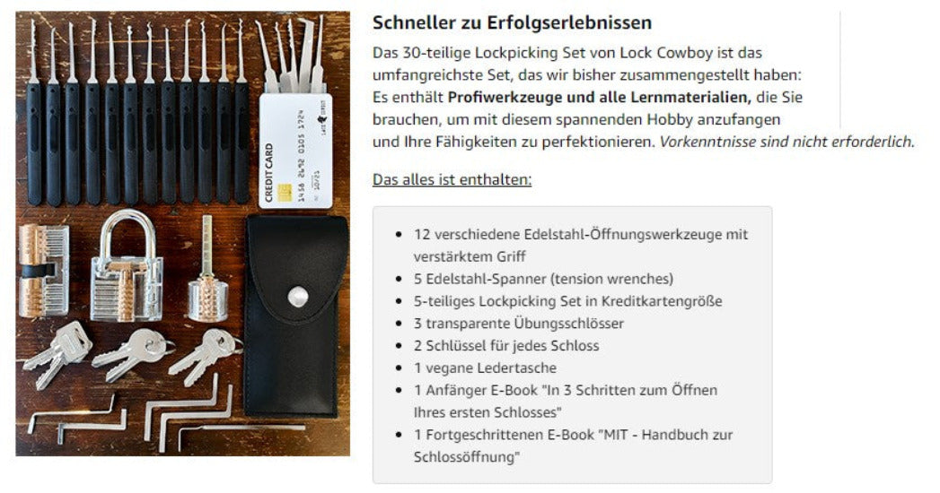 30-teiliges Lockpicking Set mit 3 Transparenten Übungsschlössern + Dietrich-Set
