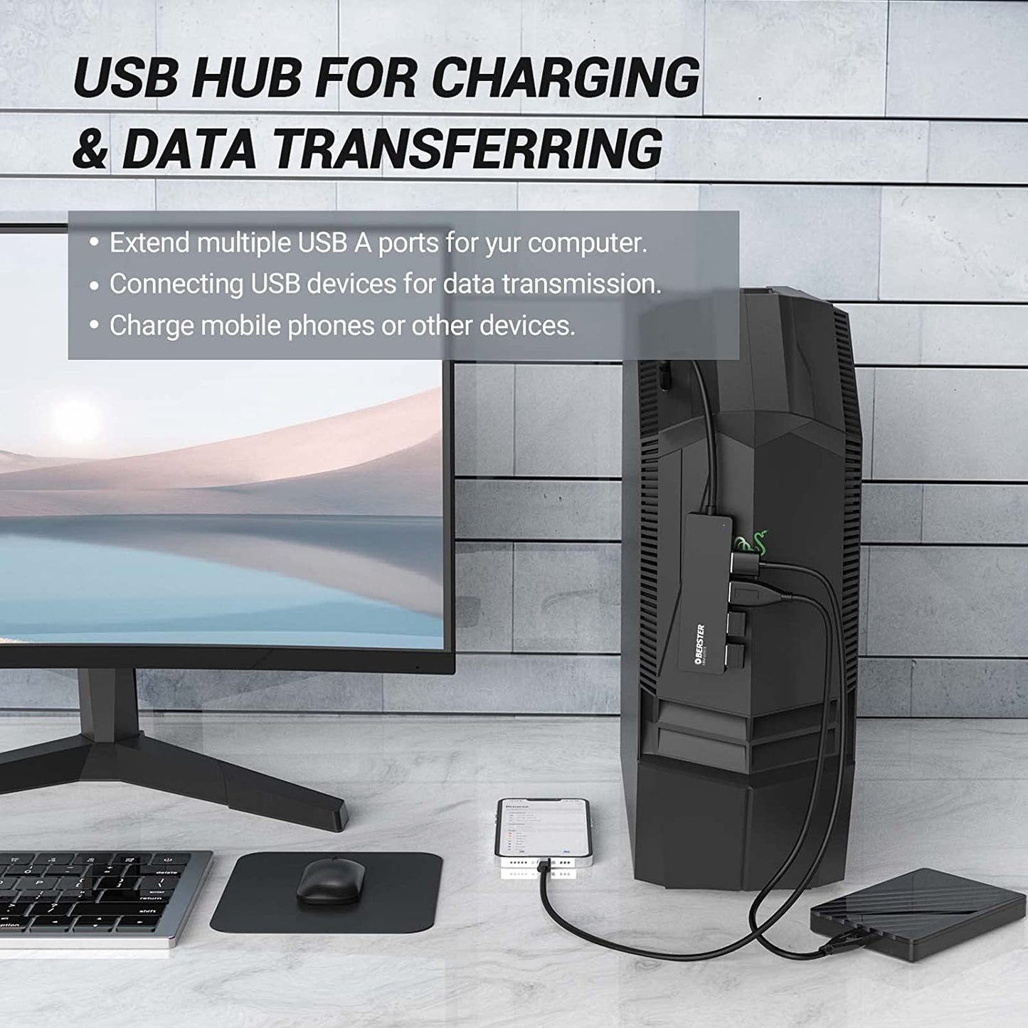 4 Port USB 3.0 SplitterHub Adapter MacBook Air, PS4, Laptop Surface Pro, XPS