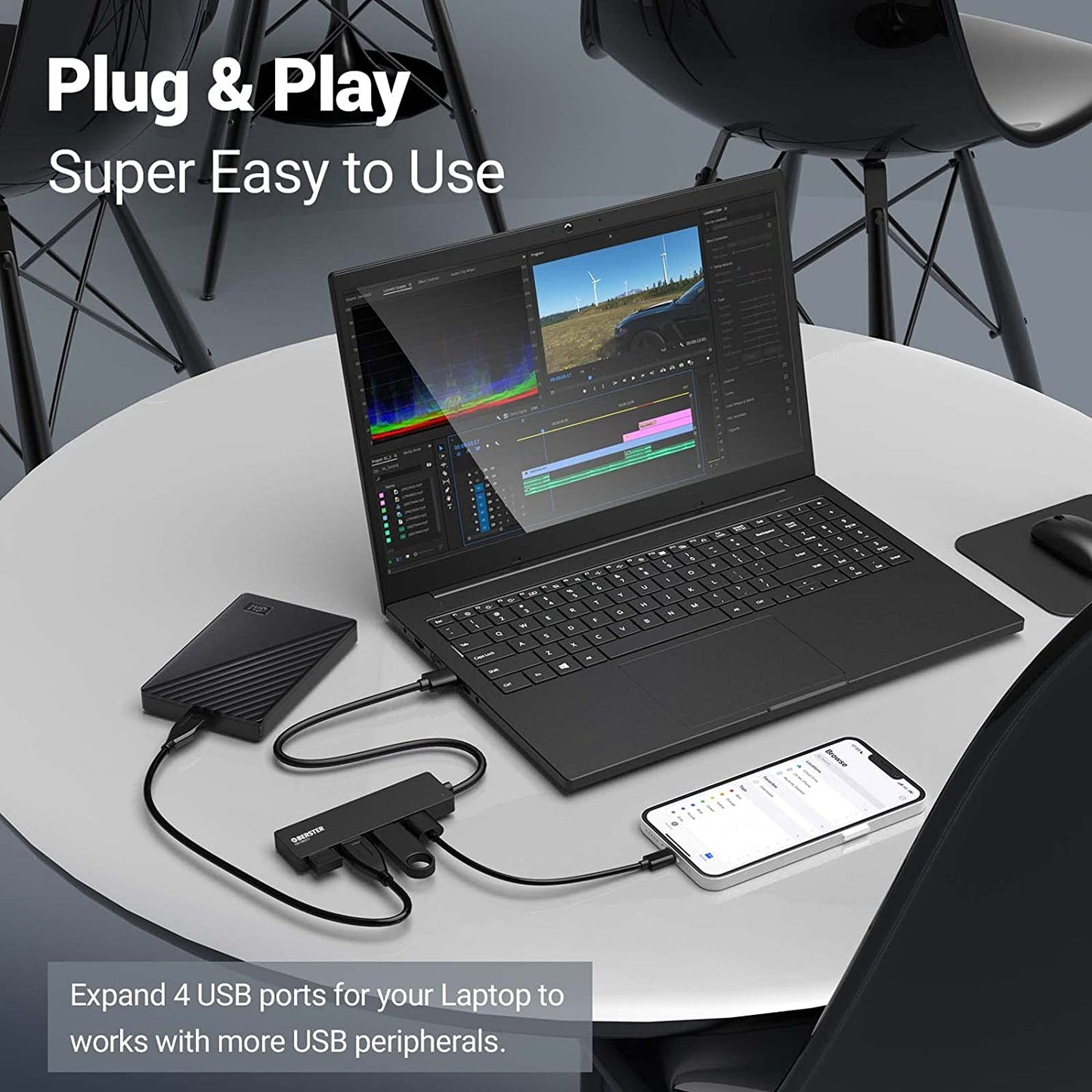 4 Port USB 3.0 SplitterHub Adapter MacBook Air, PS4, Laptop Surface Pro, XPS