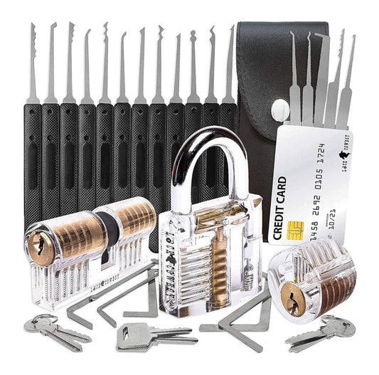 30-teiliges Lockpicking Set mit 3 Transparenten Übungsschlössern + Dietrich-Set