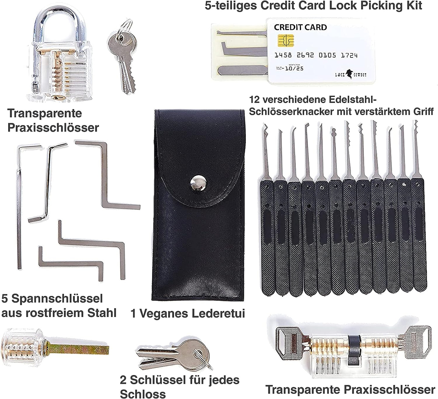 30-teiliges Lockpicking Set mit 3 Transparenten Übungsschlössern + Dietrich-Set