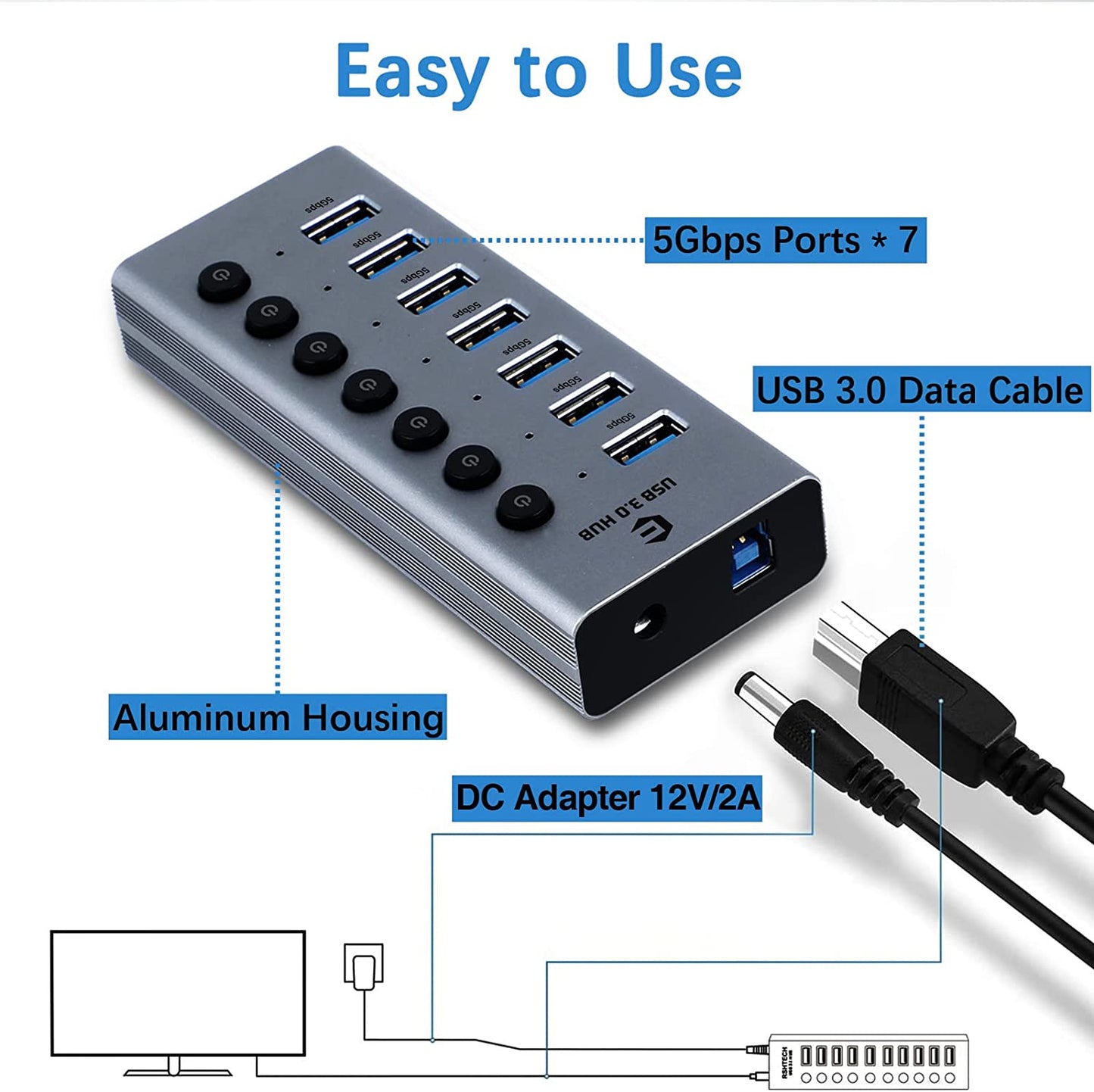 USB Hub Splitter 7-Port Adapter Mac OS X 10.2, Windows 10/8/7/Vista/XP, Linux
