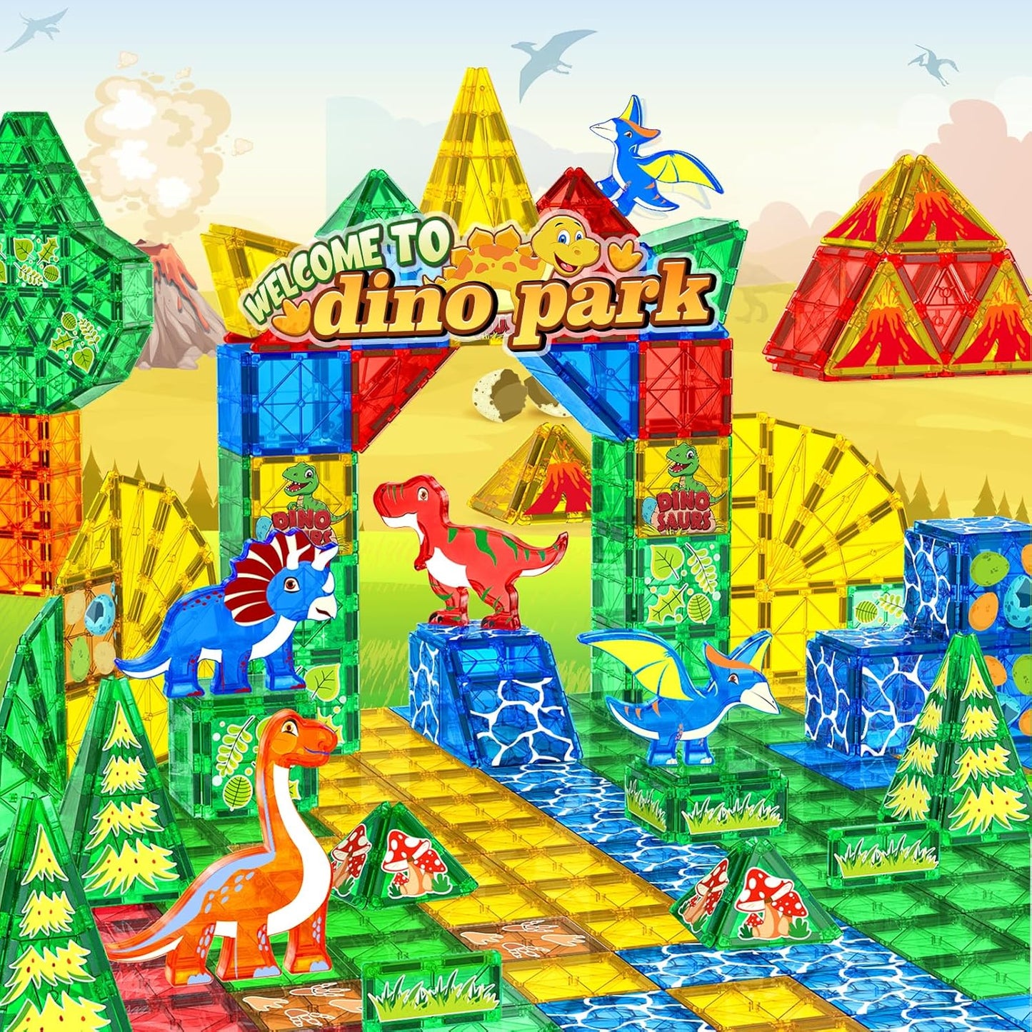 Magnetbausteine Dinosaurier Landschaft Spielzeug Kinder Montessori 46 Teile - NEU