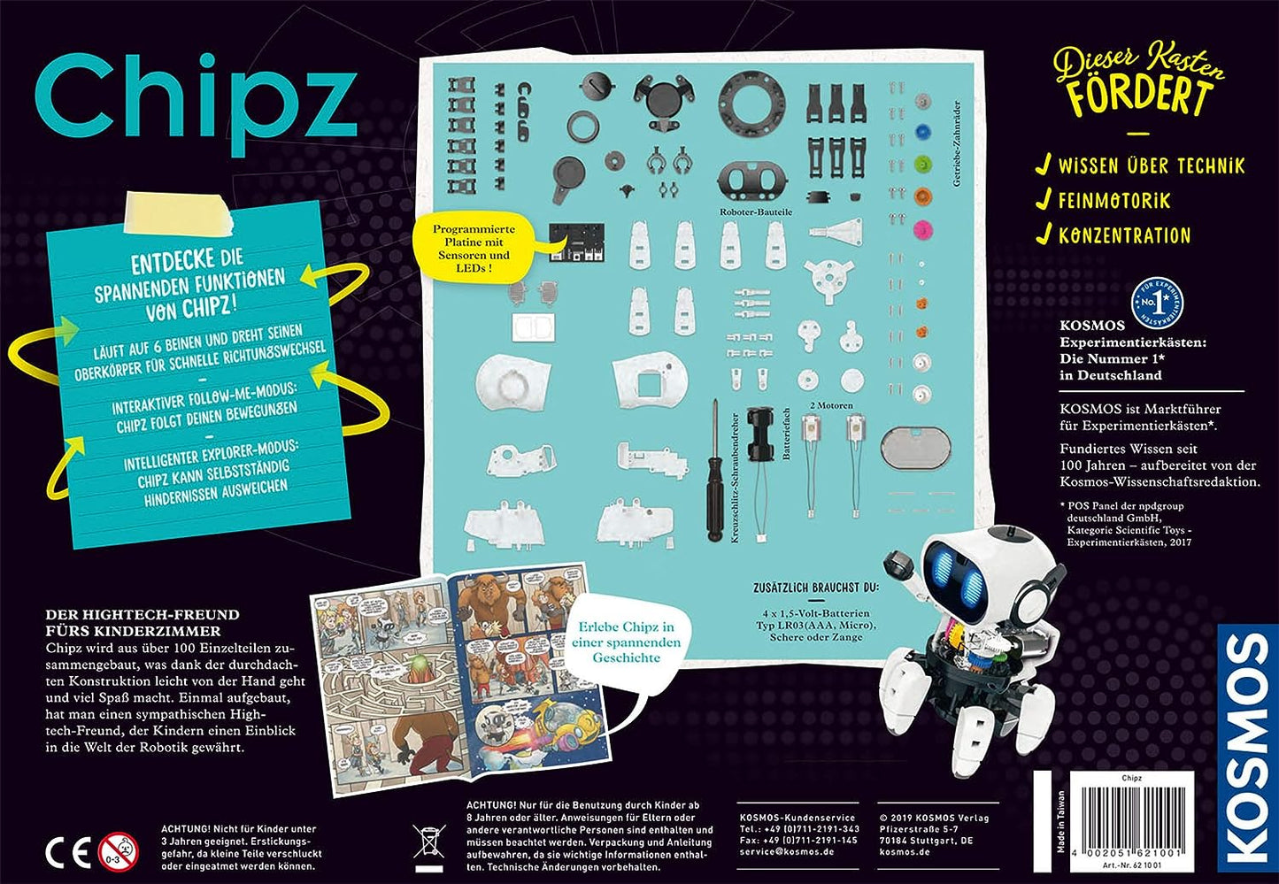 Kosmos 621001 - Chipz - Der intelligente Roboter für Kinder, folgt Bewegungen, weicht aus, Licht Sound Spielzeug