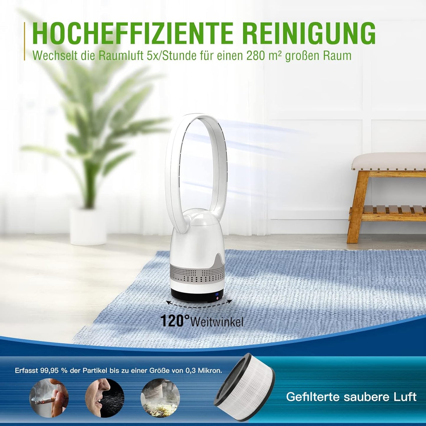 Mitcent Rotorloser Ventilator Luftreiniger-Lüfter H12 HEPA-Filter MT1004 Weiß