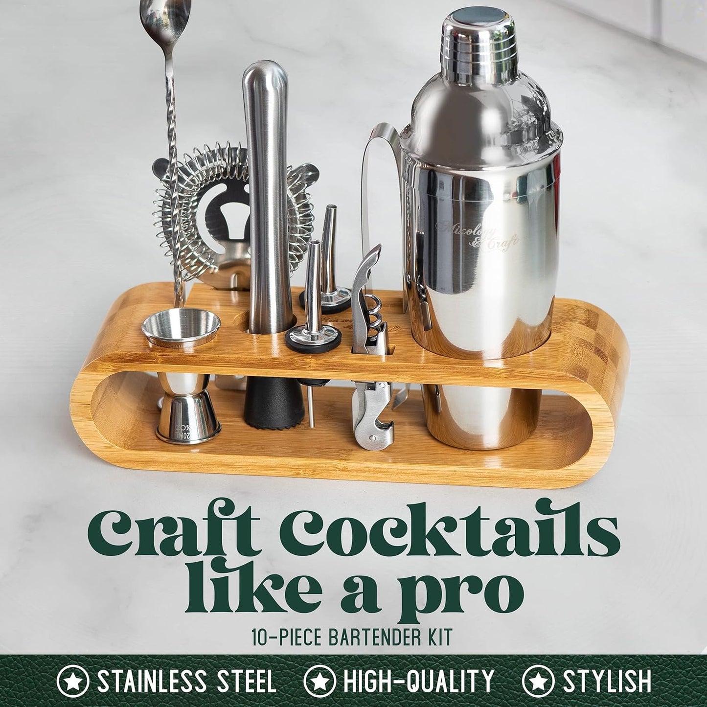 Mixology & Craft Cocktail Shaker Set - Edelstahl & Holzständer (Bambus) - NEU in OVP