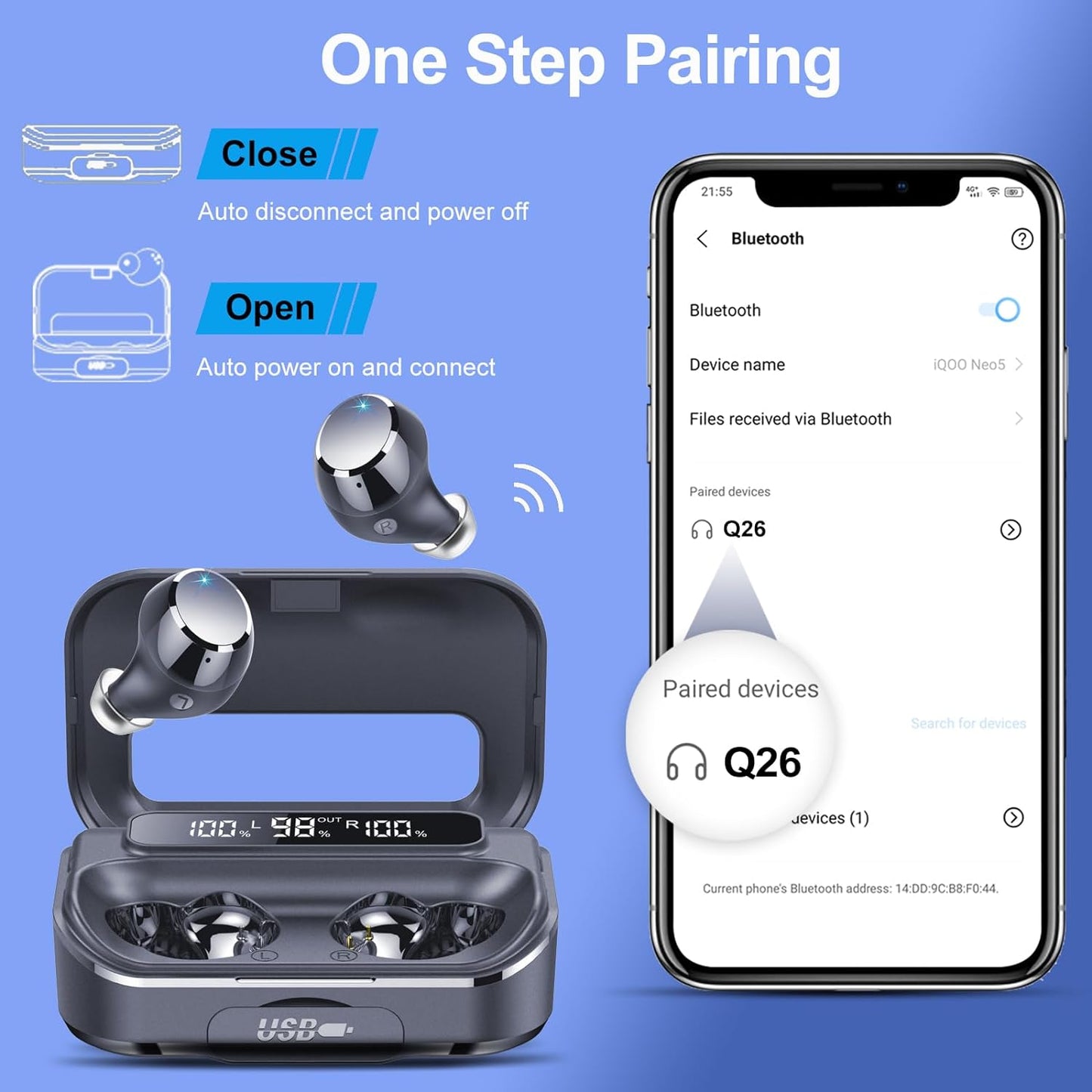 Bluetooth Kopfhörer Sport schwarz In Ear Kabellos 128h IP7 Wasserdicht LED Anzeige