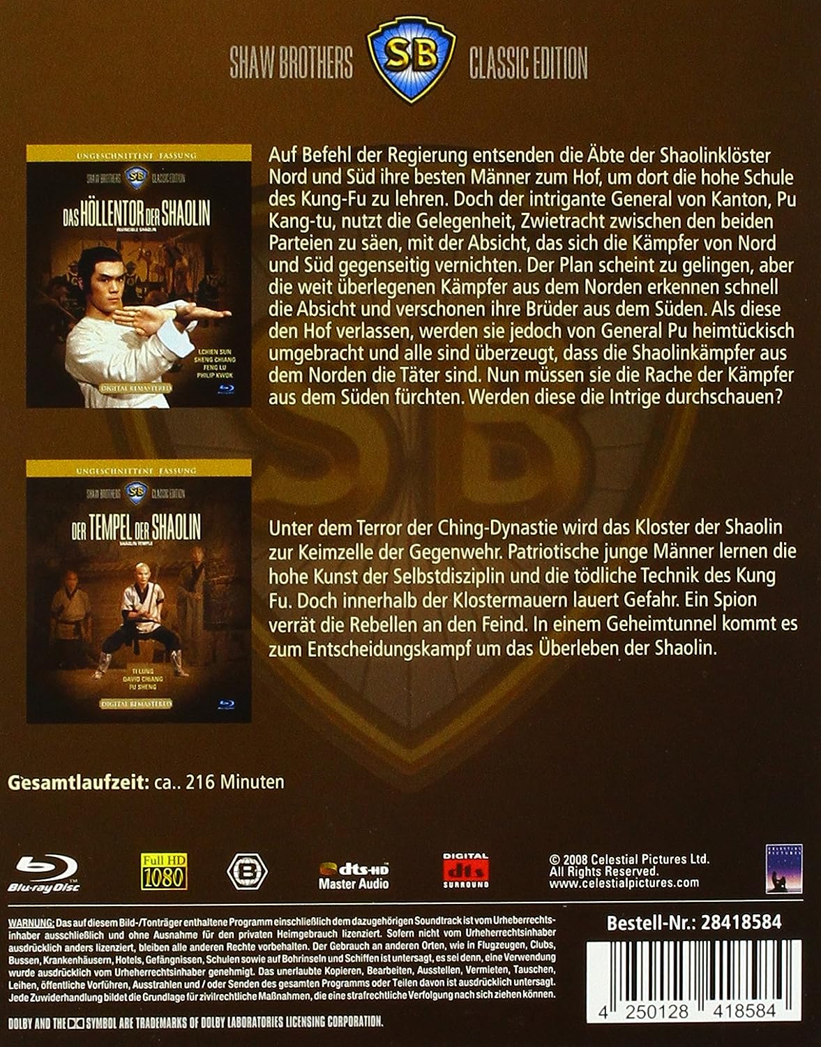 Shaw Brothers - Das Höllentor der Shaolin / Der Tempel der Shaloin - Blu Ray - NEU & OVP