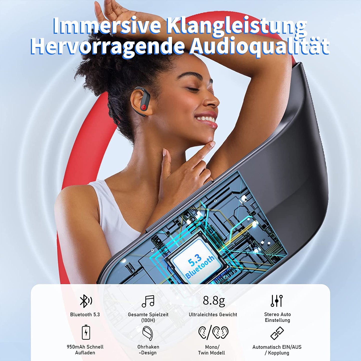 Bluetooth Kopfhörer Sport Kabellos mit Mic 120 Std Dual LED Anzeige Wasserdicht In-Ear Headphones 3D Stereo