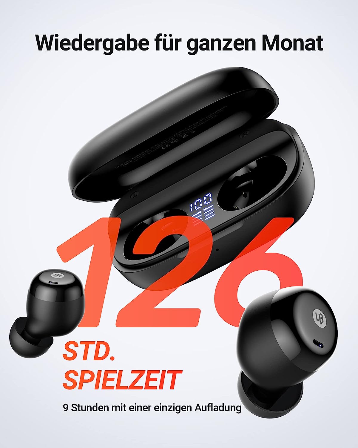 LavaBeans Bluetooth Kopfhörer in Ear, 126H Wiedergabe Kabellos LED Wireless Earbuds, IPX 8 Wasserdicht, Noise Cancelling Sport Ohrhörer