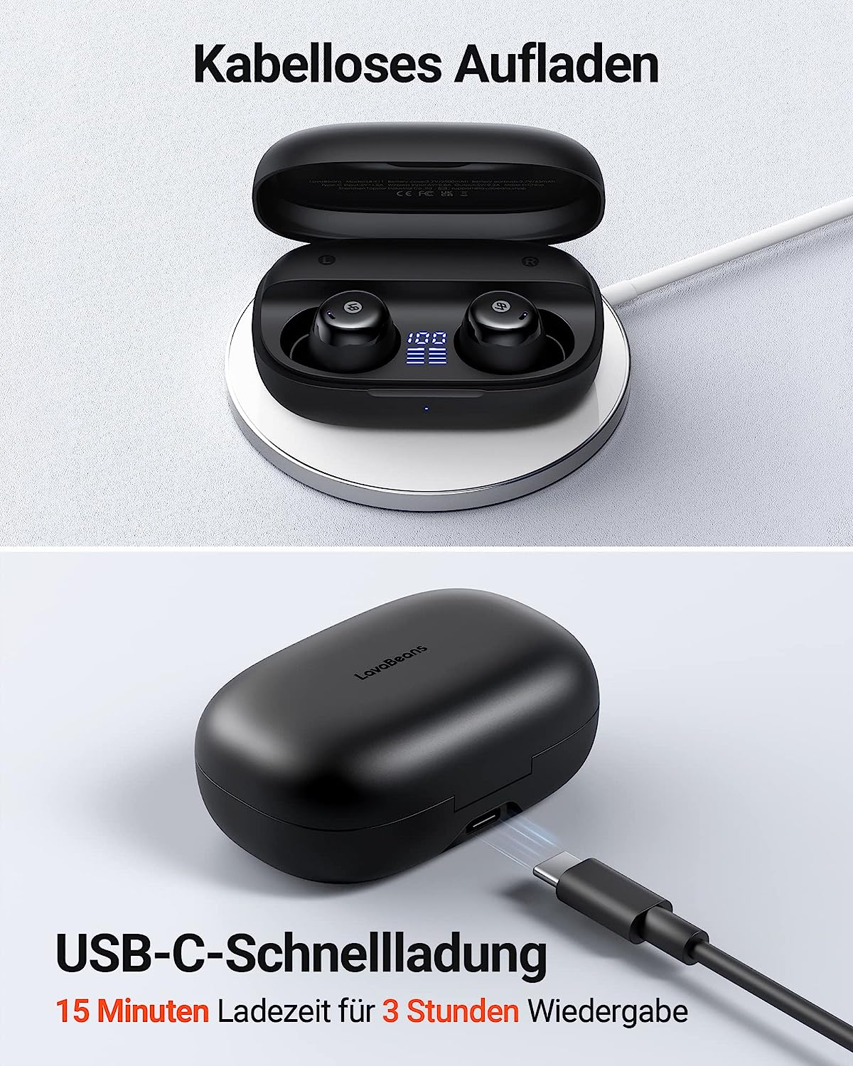 LavaBeans Bluetooth Kopfhörer in Ear, 126H Wiedergabe Kabellos LED Wireless Earbuds, IPX 8 Wasserdicht, Noise Cancelling Sport Ohrhörer