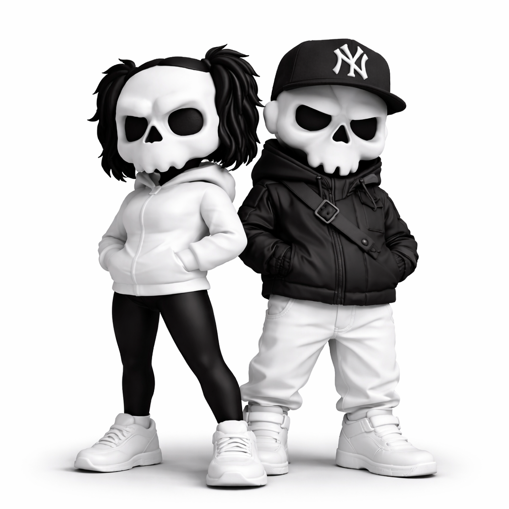 3D Skull Gamer-Paar Figuren – Street-Style Deko – Schwarz/Weiß (Custom möglich)