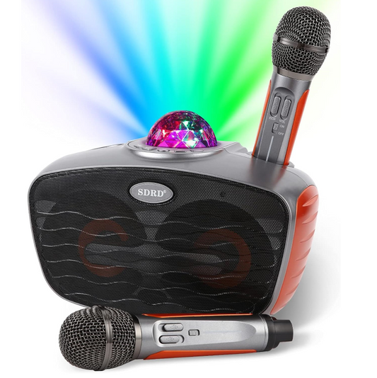 RUBEHOOW Karaoke Maschine mit 2 drahtlosen Mikrofonen und buntem Disco Lichteffekt
