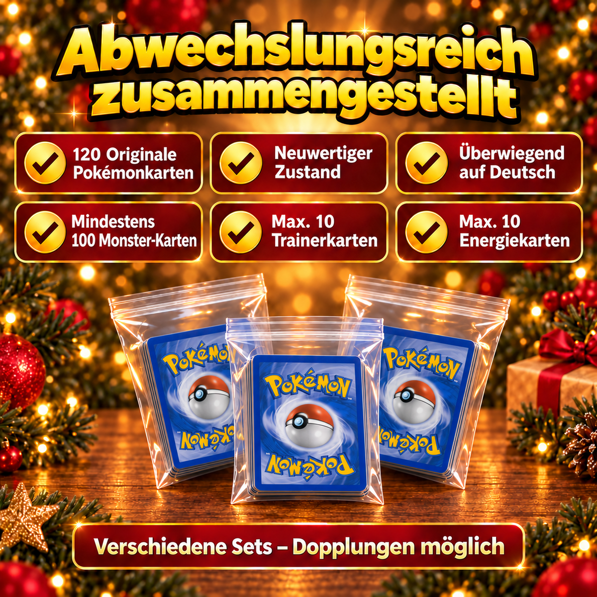 Pokémon Adventskalender-Füllung – 120 Original Pokemon Karten – 24x5 Karten mit Holo/Reverse-Holo - inkl. Poketon Visitenkarte