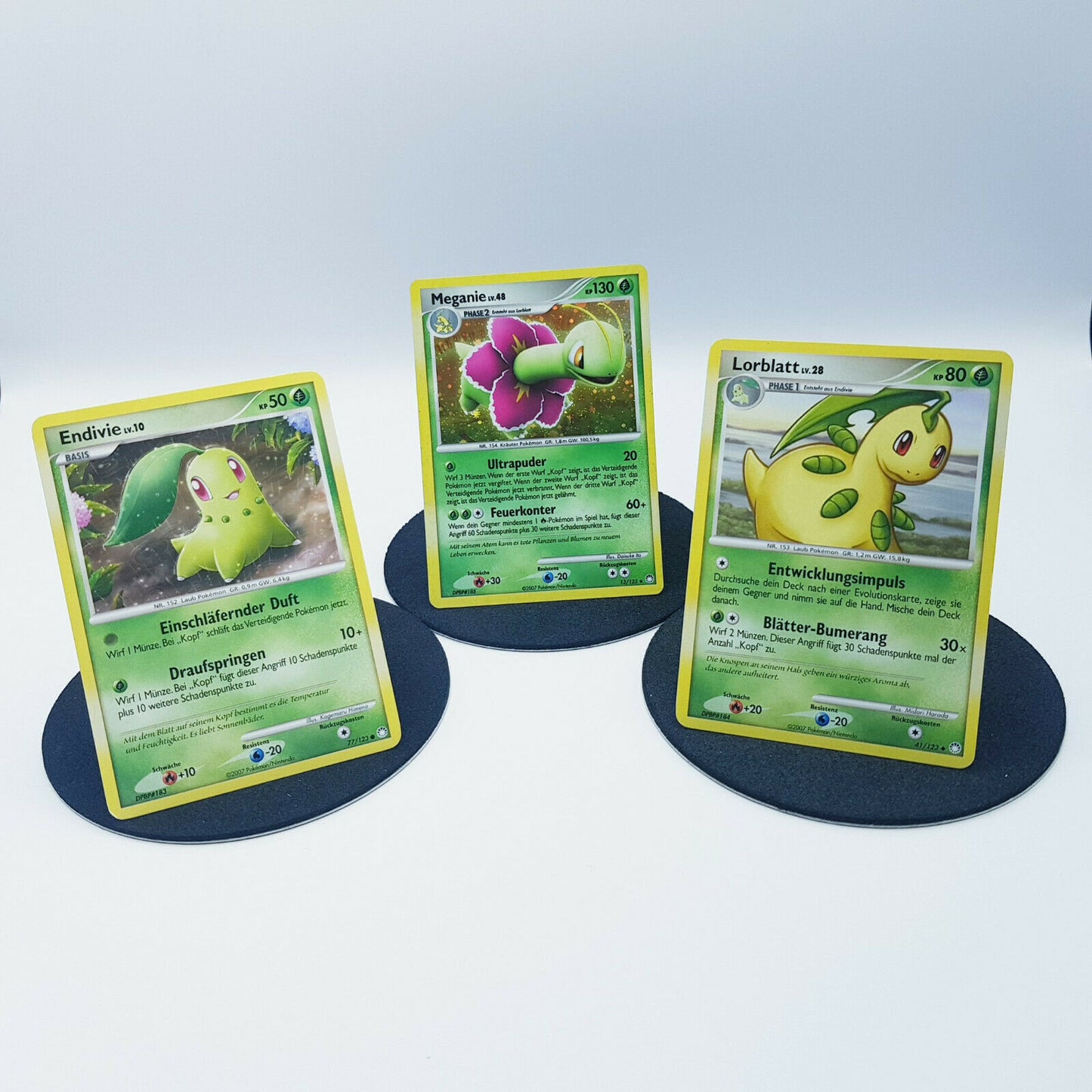 Pokemon Cards Endivie 77/123 Lorblatt 41/123 Meganie 13/123 holo rare 2007 NM