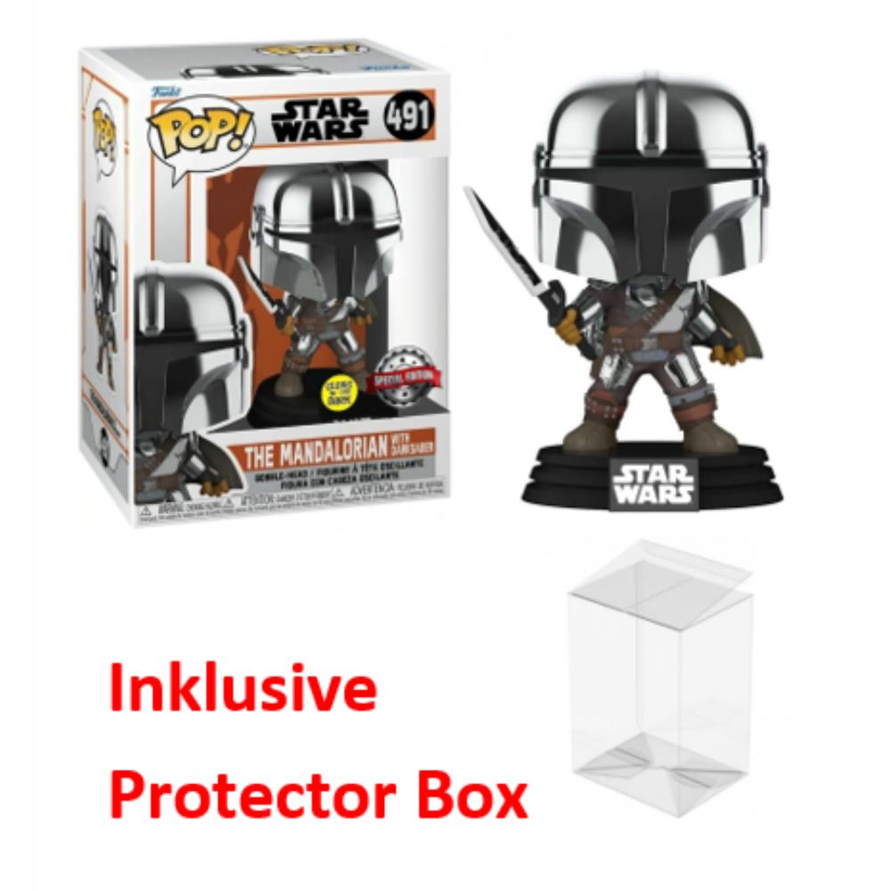 FUNKO POP Star Wars #491 Mandalorian Glows in the Dark Bobble-Head+Protector Box