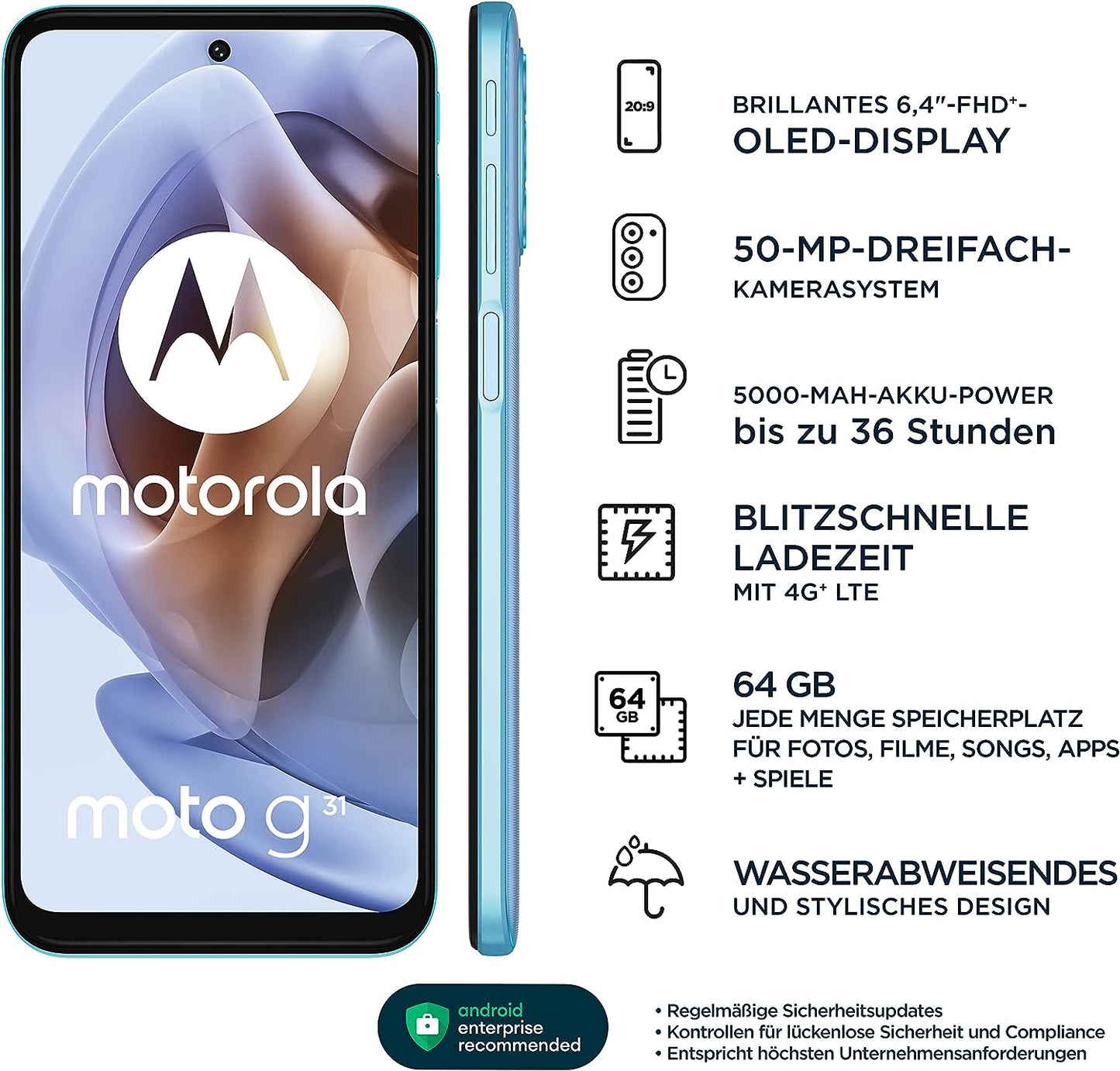 Motorola Moto G31 Smartphone (6,4" Display, 50MP Kamera, 64 GB, 5000 mAh, Android 11) Baby Blue