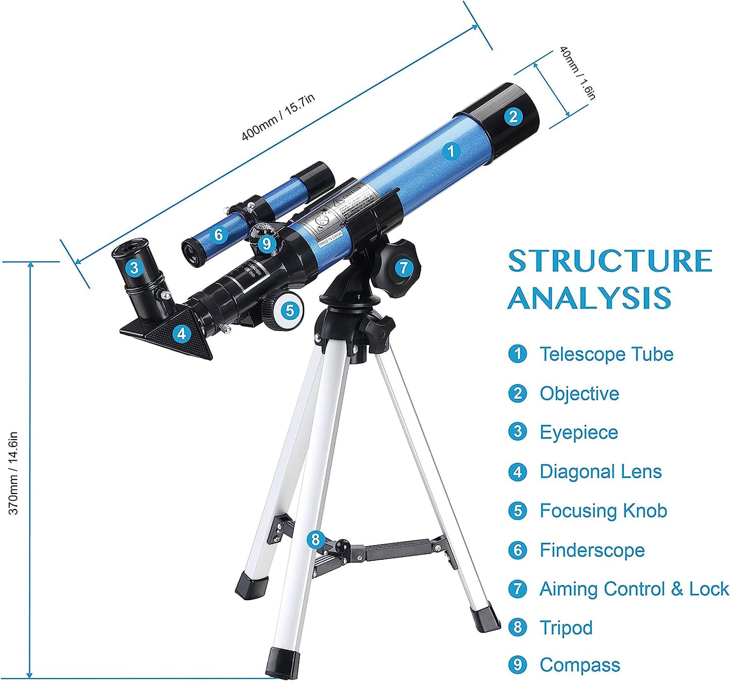 Teleskop Kinder Einsteiger 40/400 Astronomisches Fernrohr Refraktor Stativ & Sucherfernrohr