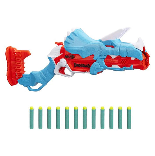 NERF DinoSquad Tricera-Blast Blaster, aufklappbarer 3-Dart Lauf, 12 Nerf Darts Triceratops