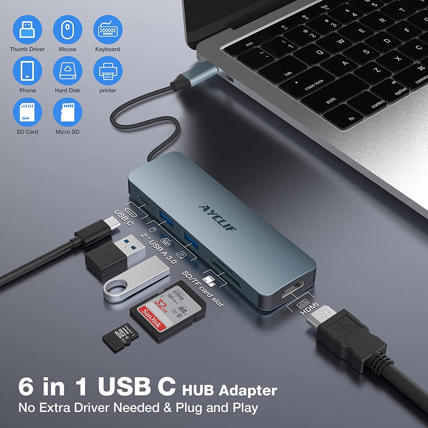 USB C Hub Adapter MacBook Pro / Air iPad Pro - 6 in 1 - 4K HDMI Ausgang Laptop Surface Pro 8 Kartenleser