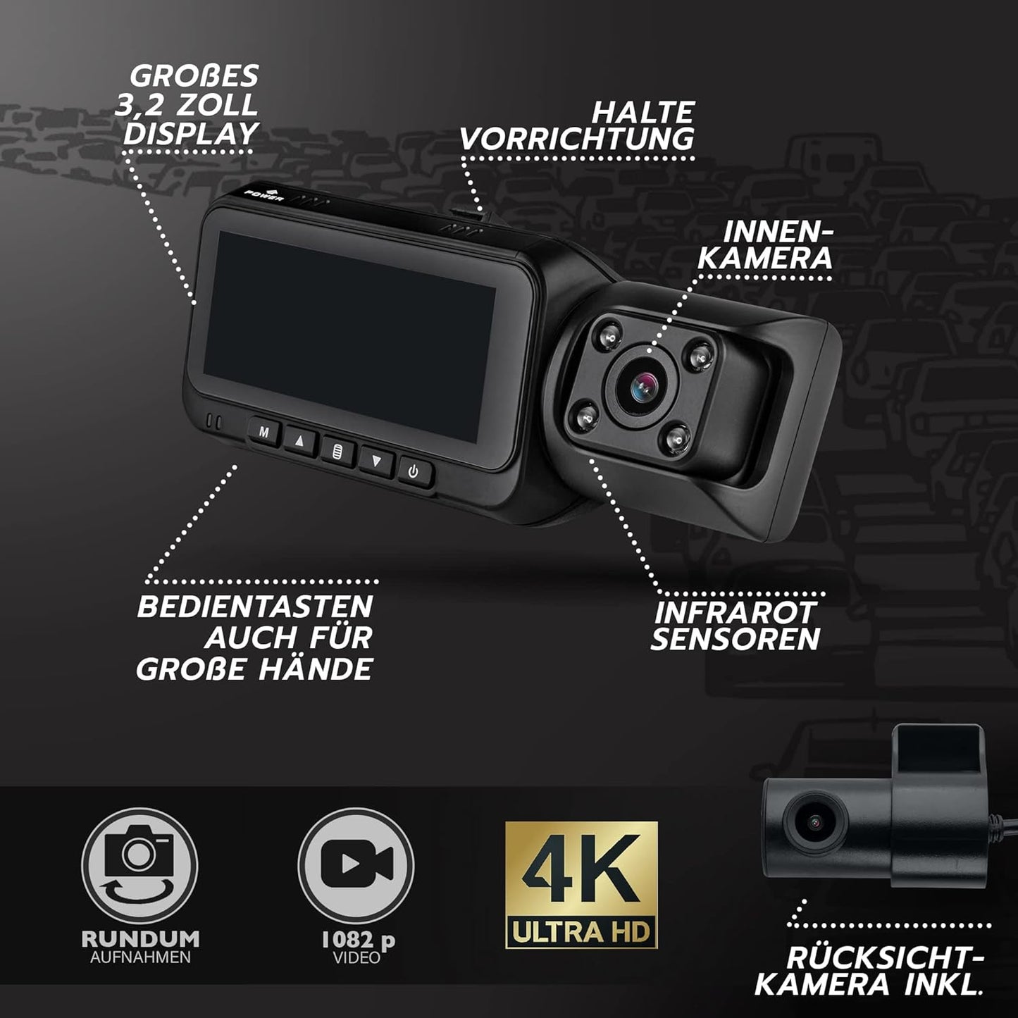 Dashcam 4K - UHD - Infrarot Nachtsicht Auto Kamera IPS-Display