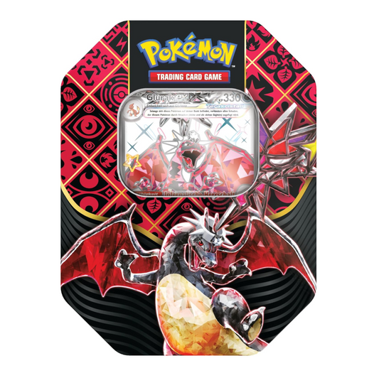 Tin Box Karmesin & Purpur - Paldeas Schicksale - inkl. schillerndes Glurak Promokarte - Pokemon TCG