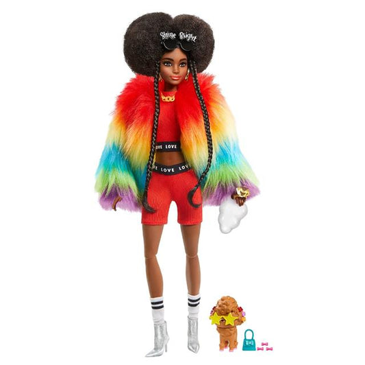 Barbie GVR04 Puppe, kuscheliger Regenbogen-Mantel mit Pudel, brünetten Afro-Puffs