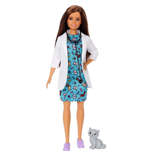 Barbie GJL63 - Brünette Barbie Tierärztin Puppe mit Arztkittel, Kleid und Kätzchen
