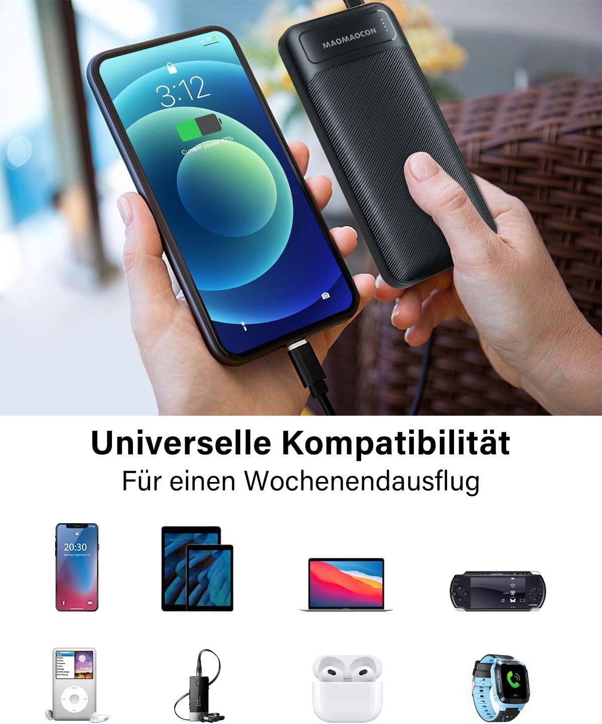 Powerbank (2 Stück), 10600mAh, USB C, 3 Ports Anschlüsse, z.B. für Smartphones