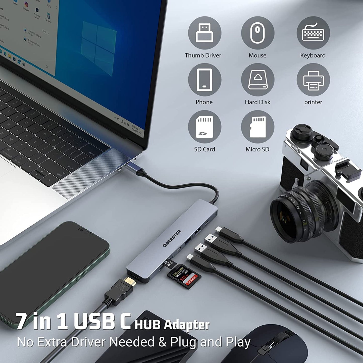 USB C Hub Adapter 4K HDMI 100W PD USB 3.0, SD TF Kartenleser Laptop MacBook Pro/Air Surface