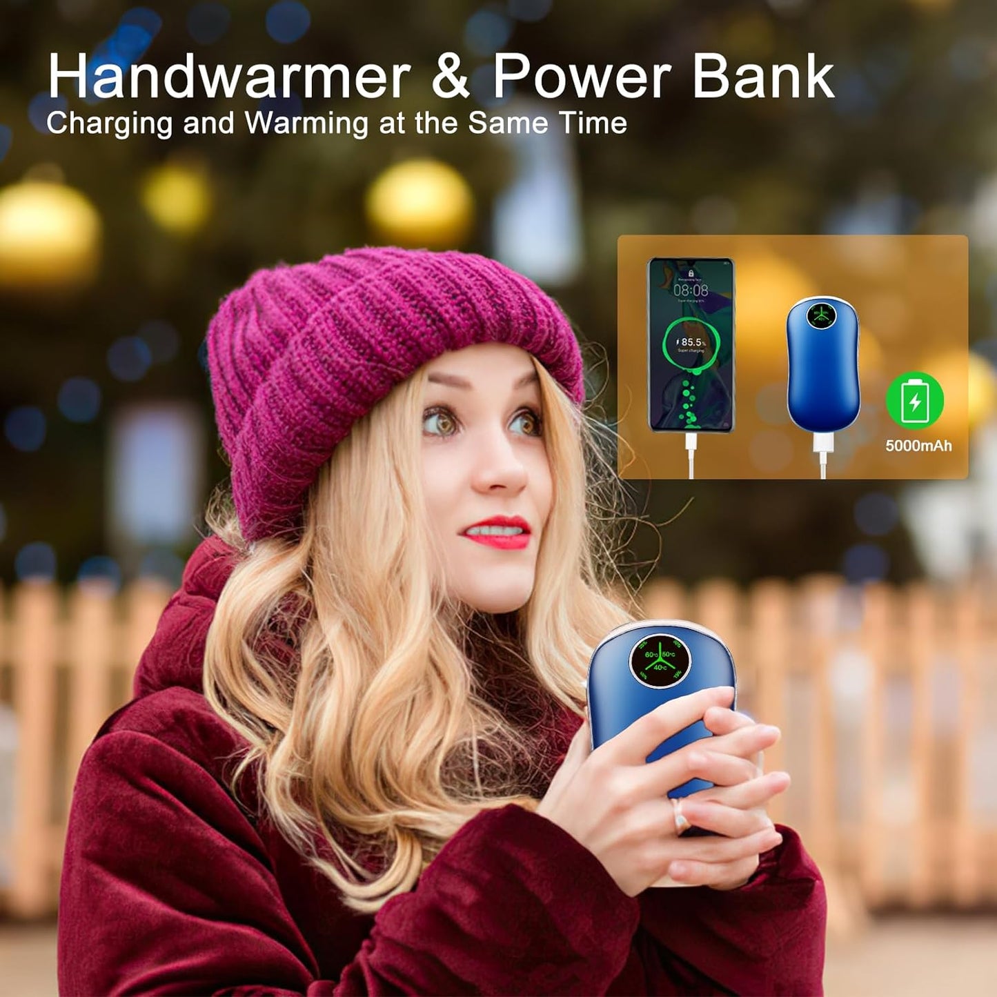 Handwärmer (2Stück) grau Akku Taschenwärmer PowerBank mit Digitalanzeige 3 Heizstufen