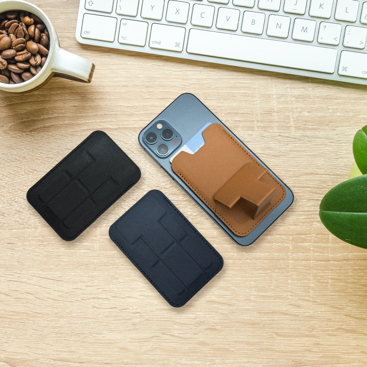 Kickstand Wallet schwarz Karten-Etui Handy Smartphone Halterung for Apple Ihpone Samsung & more