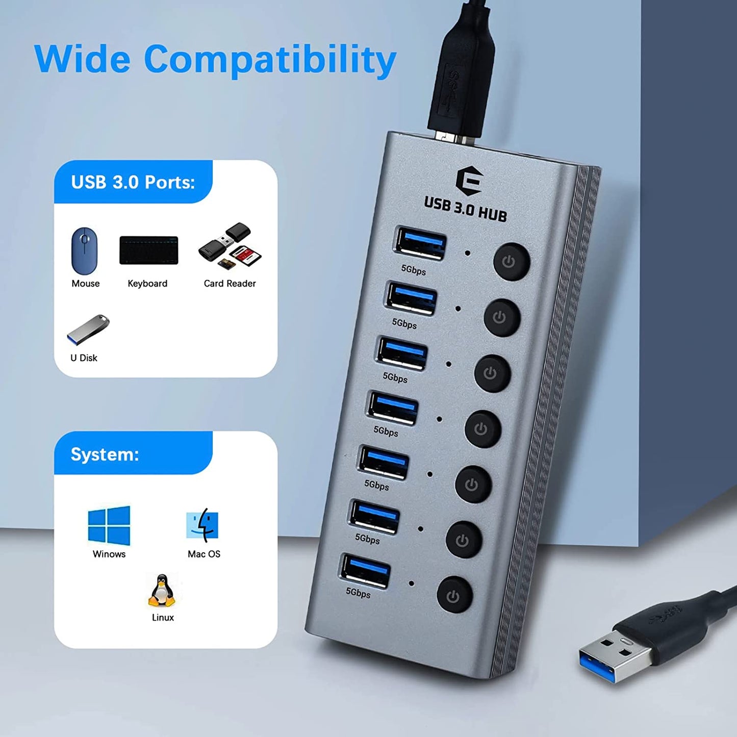 USB Hub Splitter 7-Port Adapter Mac OS X 10.2, Windows 10/8/7/Vista/XP, Linux