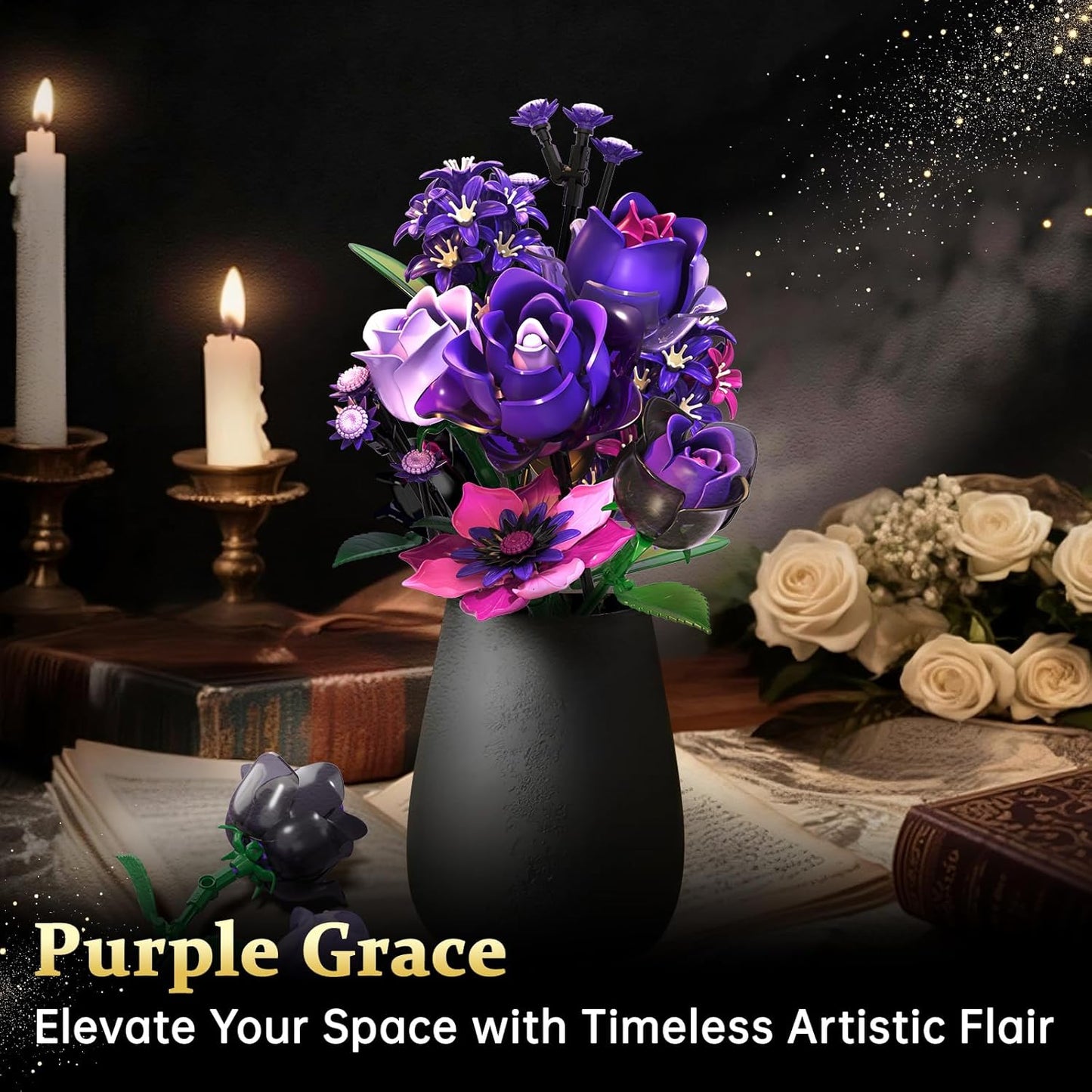 Gothic Rosenstrauß Bausatz - 446x Klemmbausteine - Botanik Deko Valentinstag Geburtstag