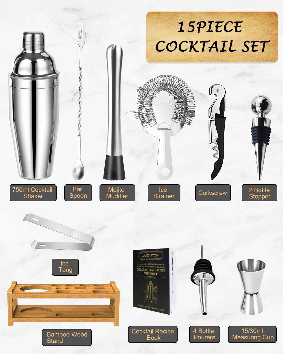 Cocktail Shaker Set - 15 Teile - inkl Rezeptbuch - Edelstahl - NEU in OVP